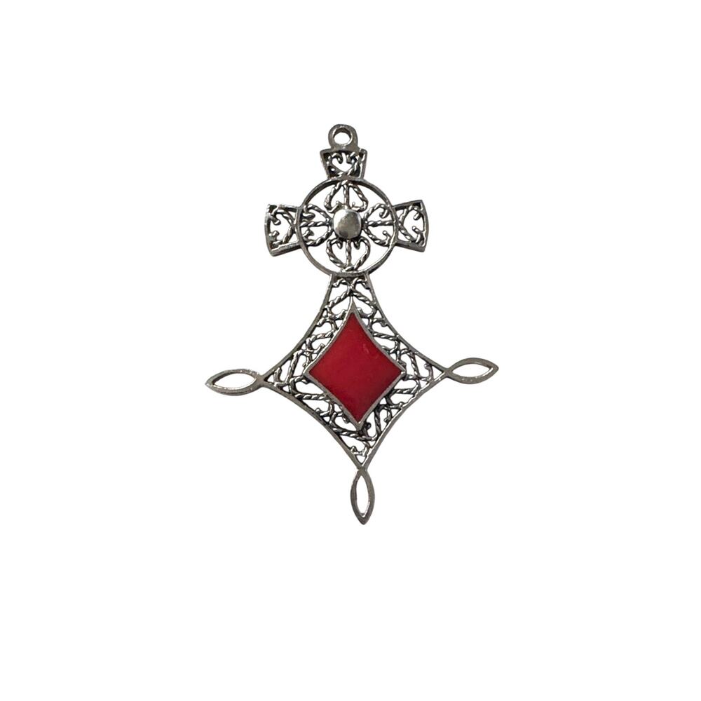 Silver Cross Pendant, Silver with a Diamond Shaped Red Enamel Inlay Silver-tone